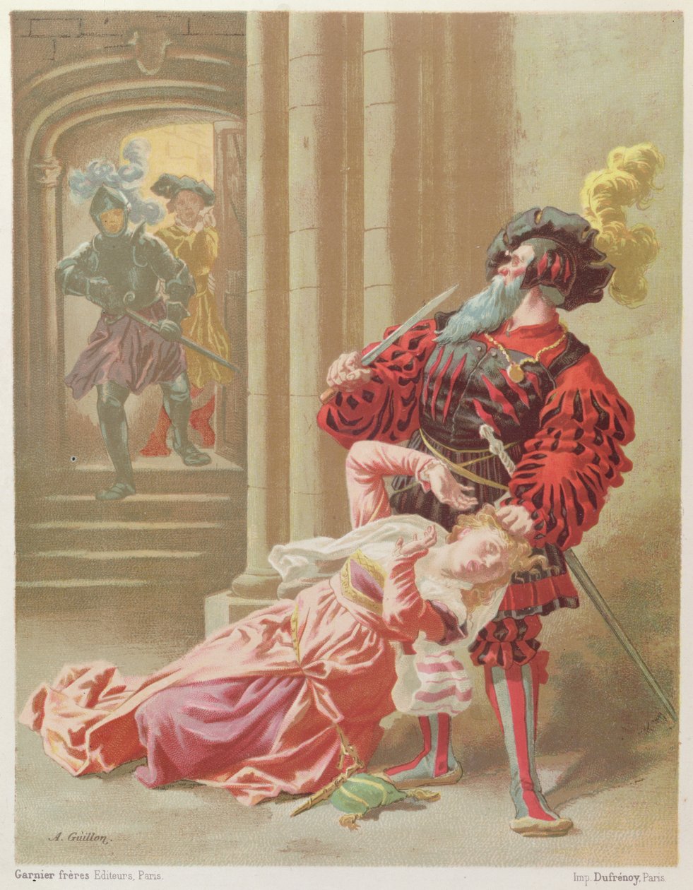 Kékszakállú, aki megpróbálja megölni utolsó feleségét, Fatimát, illusztráció Charles Perrault (1628-1703) „Contes de ma Mere l