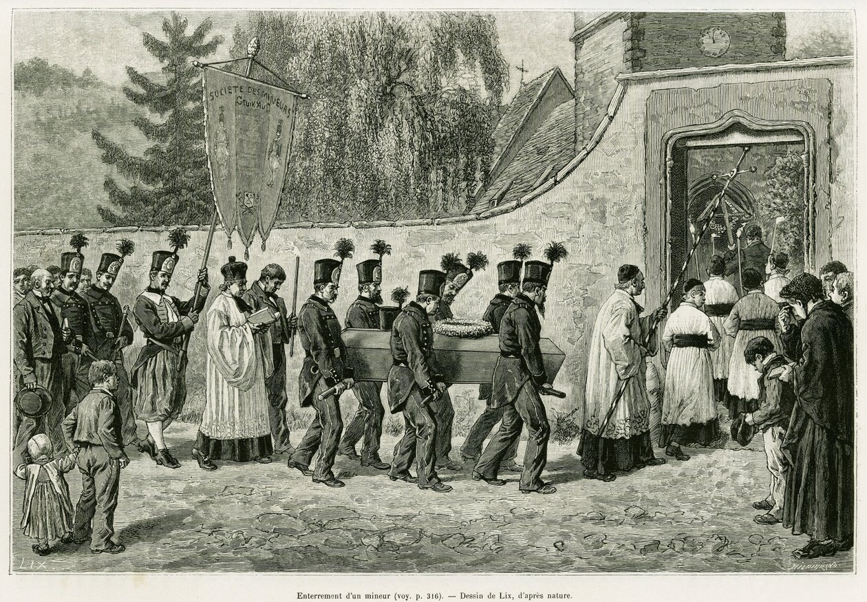 Kiskorú temetése. Lix metszete az Elzászon és Lotaringián keresztül című történet illusztrálására 1887-ben, Charles Grad német tisztviselőtől, a tour du monde 1888-ban, rendező: Edouard Charton (1807-1890), Hachette, Párizs. alkotó: Frederic Theodore Lix