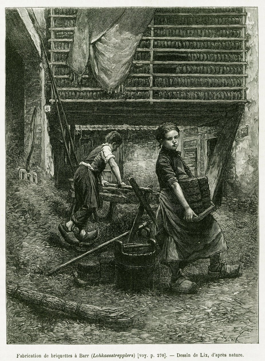 Gyermekmunka a brikettgyártásban, Barr. Lix metszete az Elzászon és Lotaringián keresztül című történet illusztrálására 1887-ben, Charles Grad német tisztviselőtől, a tour du monde 1888-ban, rendező: Edouard Charton (1807-1890), Hachette, Párizs. alkotó: Frederic Theodore Lix