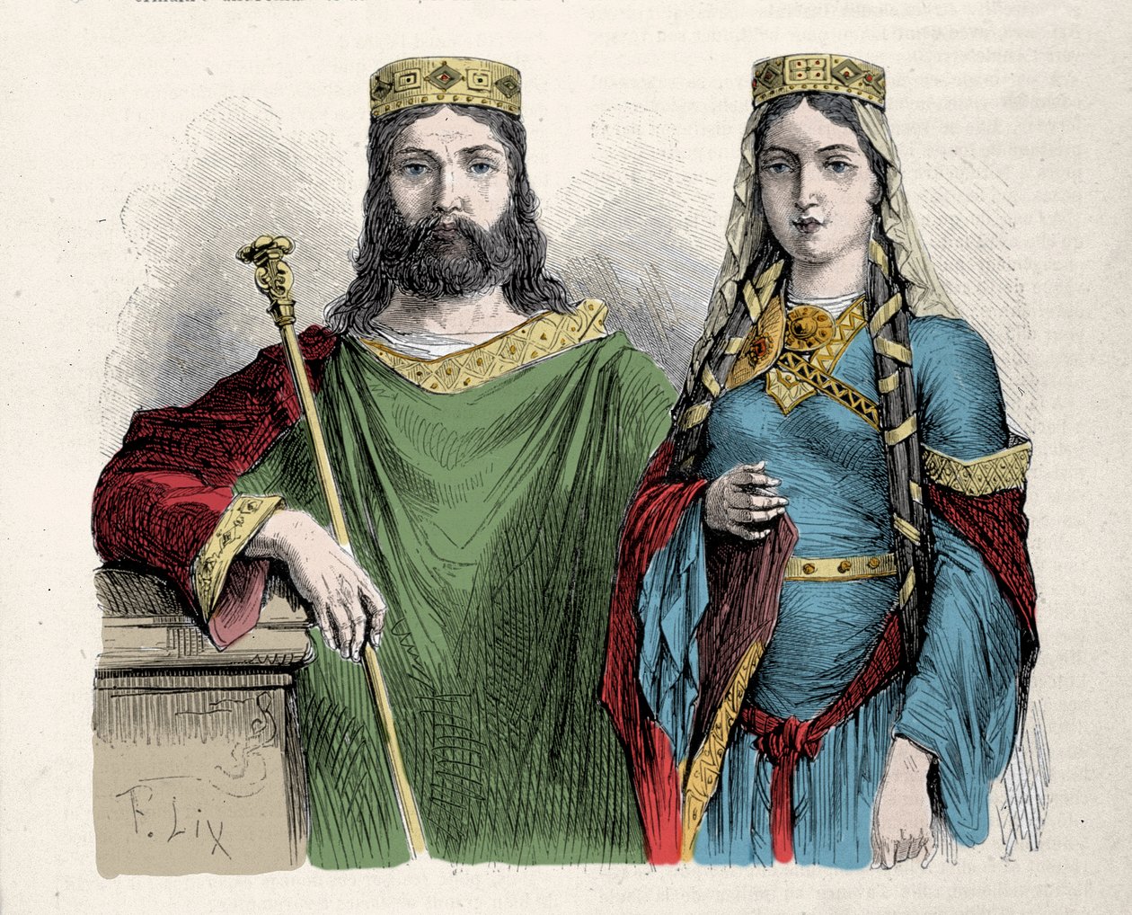 Clovis (481-511) a frankok királya második feleségével, Szent Klotild (Clothilde) királynővel. Lix metszet. alkotó: Frederic Theodore Lix