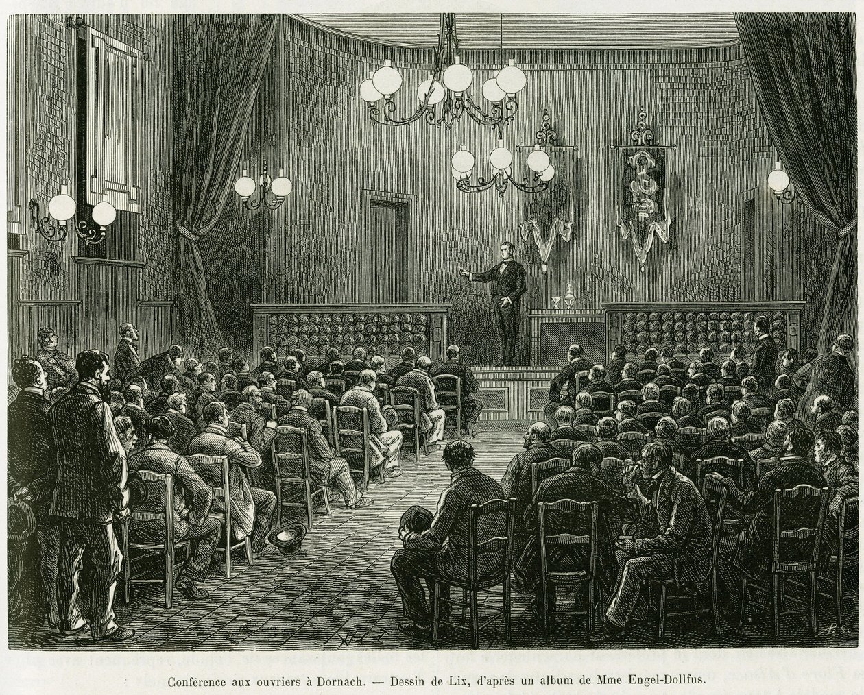 Konferencia a Dollfus Mieg műhely dolgozóinak, Dornachban. Lix metszete az Elzászon és Lotaringián keresztül című történet illusztrálására, Charles Grad német deputátor 1885-ben, a tour du monde 1886-ban, rendezte: Edouard Charton (1807-1890), Hache alkotó: Frederic Theodore Lix