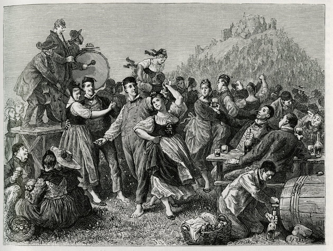Fete des patres a Hohneckben (Vogézek), Szent János utáni vasárnap. F.Lix metszete a „Through Elsace and Lorraine” (Elzászon és Lotaringián keresztül) című történet illusztrálására 1884-ben, Charles Grad (1842-1890) német képviselő, író és természettudós.  alkotó: Frederic Theodore Lix