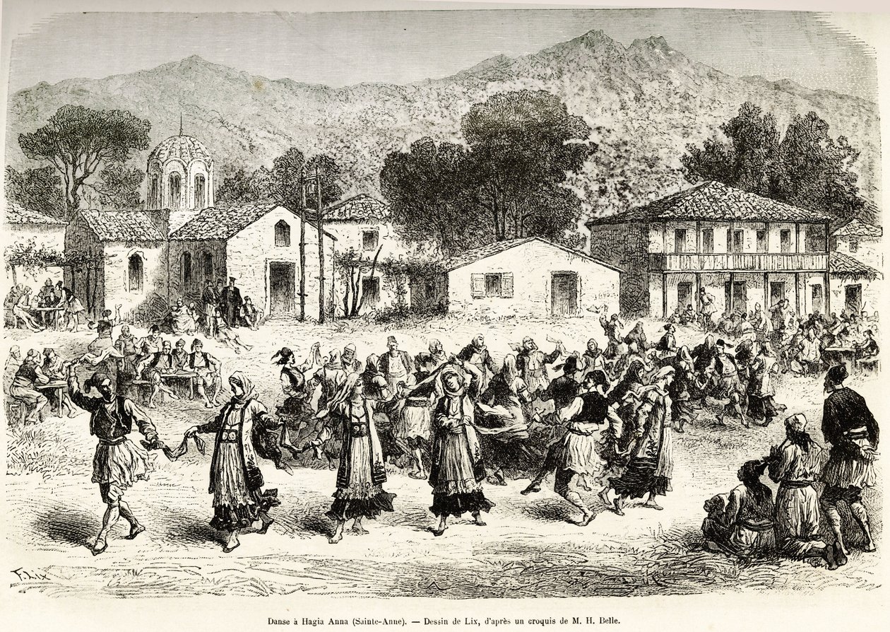 Néptánc a falu főterén Haggia Anna (Szent Anna). Metszet Lix rajza után, a görögországi utazás illusztrálására, Henri Belle, 1861-1868-1874, megjelent a „Le tour du monde”” 1876-ban, szerkesztette Edouard Charton, Hachette kiadás, Párizs alkotó: Frederic Theodore Lix