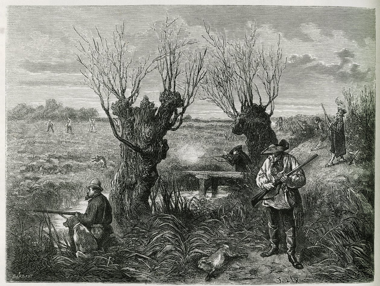 Nyulat vadászni. F. Lix metszete, Charles Grad „Elzászon és Lotaringián keresztül” című történetének illusztrálására 1884-ben alkotó: Frederic Theodore Lix