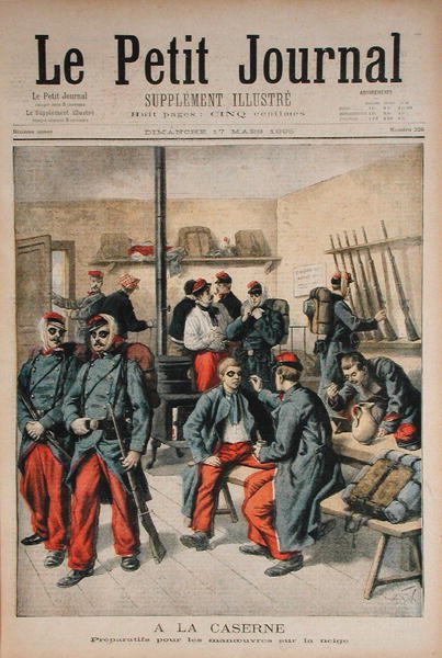 A laktanyában, Felkészülés a havas manőverekre, illusztráció a Le Petit Journalból, 1895. március 17. alkotó: Frederic Theodore Lix