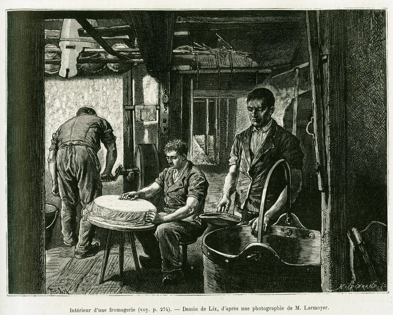 Egy sajtgyár belsejében. Lix metszete az Elzászon és Lotaringián keresztül című történet illusztrálására, Charles Grad német deputátor 1885-ben, a tour du monde 1887-ben Edouard Charton (1807-1890) irányításával, Hachette, Párizs. alkotó: Frederic Theodore Lix