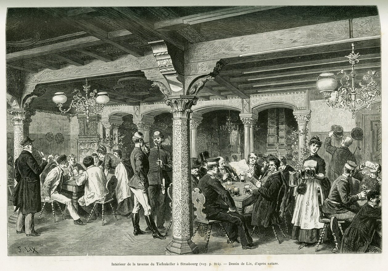 A strasbourgi Tiefenkeller kocsma belseje. Lix metszete az Elzászon és Lotaringián keresztül című történet illusztrálására 1887-ben, Charles Grad német tisztviselőtől, a tour du monde 1888-ban, rendező: Edouard Charton (1807-1890), Hachette, Párizs. alkotó: Frederic Theodore Lix