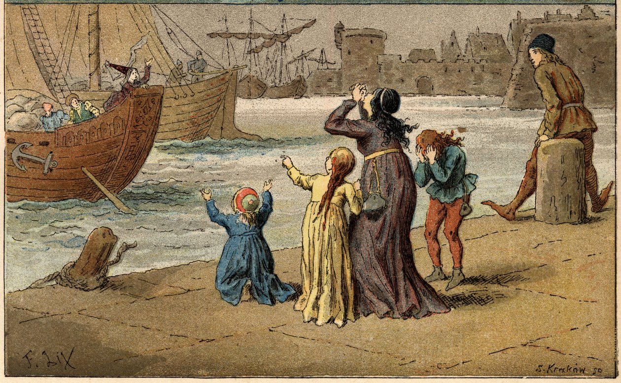 Népszerű dal: „A Nantes est érkezés””. A gyerekek gyászolják a tengerüket, amelyet egy tengerész vitt el. Illusztráció (részlet): Frederic Theodore Lix (1830-1897) a „Chansons et rounds enfantines des provinces de la France” c. alkotó: Frederic Theodore Lix