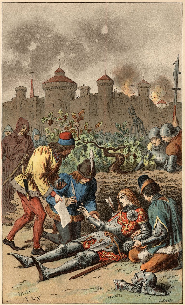 Népszerű dal: „It was the Grand Duke of Maine” Maine hercegének nyílvesszővel áttört halála. Illusztráció: Frederic Theodore Lix (1830-1897) a „Chansons et rounds enfantines des provinces de la France” c. alkotó: Frederic Theodore Lix