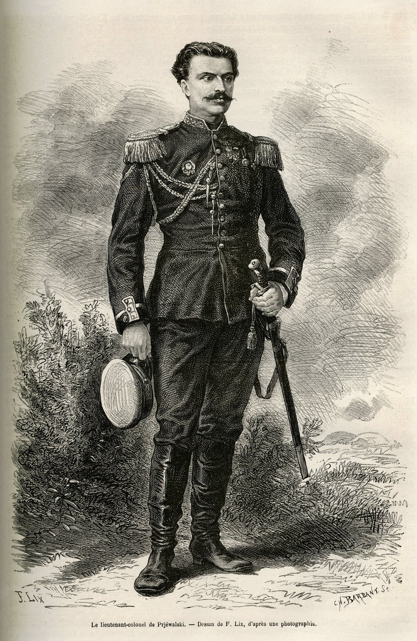 Az utazó és elbeszélő, Prjewalski alezredes portréja, F. Lix rajza az 1870 és 1873 közötti Mongóliába és a Tangute földjére tett utazásának illusztrálására, Prjewalski alezredese által. Gravírozás a Le tour du monde-ban alkotó: Frederic Theodore Lix