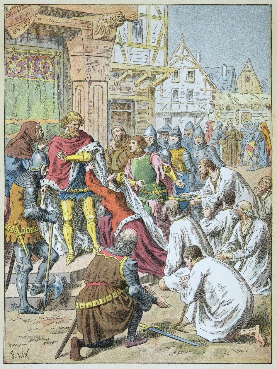 Calais ostroma III. Eduárd által 1346-1347-ben. Philippa de Hainaut királynő könyörgött vőlegényének, hogy adja meg a calais-i polgárságot. alkotó: Frederic Theodore Lix