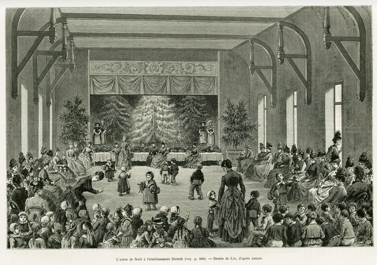 A karácsonyfa a Dietsch létesítményben. Lix metszete az Elzászon és Lotaringián keresztül című történet illusztrálására 1887-ben, Charles Grad német tisztviselőtől, a tour du monde 1888-ban, rendező: Edouard Charton (1807-1890), Hachette, Párizs. alkotó: Frederic Theodore Lix