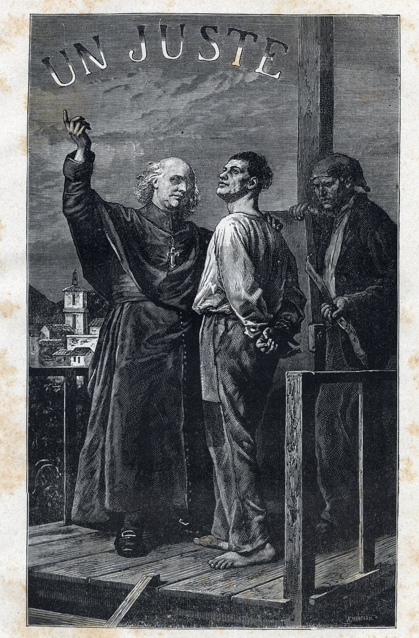 Az eve Myriel egy halálos ítéletet kísér, amely felmászik az állványra – Frederic Theodore Lix (1830-1897) illusztrációja Victor Hugo (1802-1885) „The Miserables – First Part: Fantine” című művéhez, 1862 alkotó: Frederic Theodore Lix