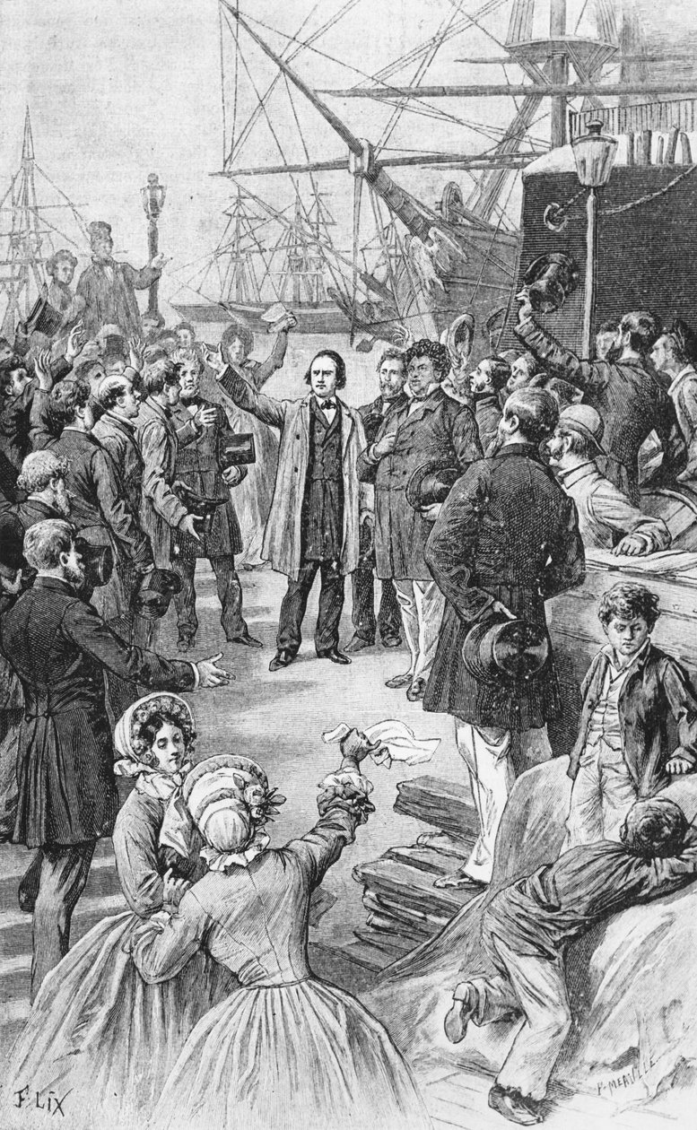 Victor Hugo (1802-85) búcsúzik barátaitól és támogatóitól Antwerpenben 1852. augusztus 1-jén, 1885 körül alkotó: Frederic Theodore Lix
