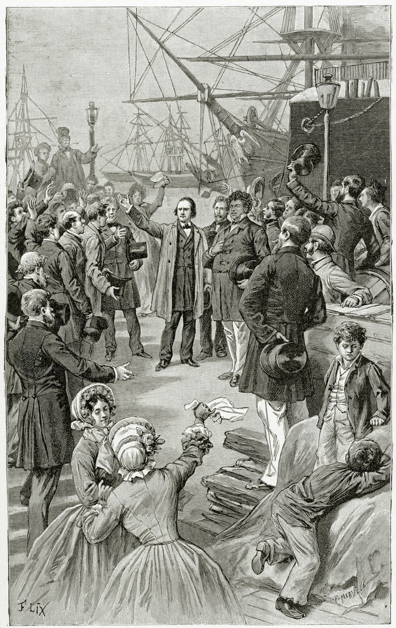 Victor Hugo üdvözölte az egyetemes köztársaságot egy beszédében, miközben száműzetésben volt 1852. augusztus 1-jén, 19. században (bw metszet) alkotó: Frederic Theodore Lix