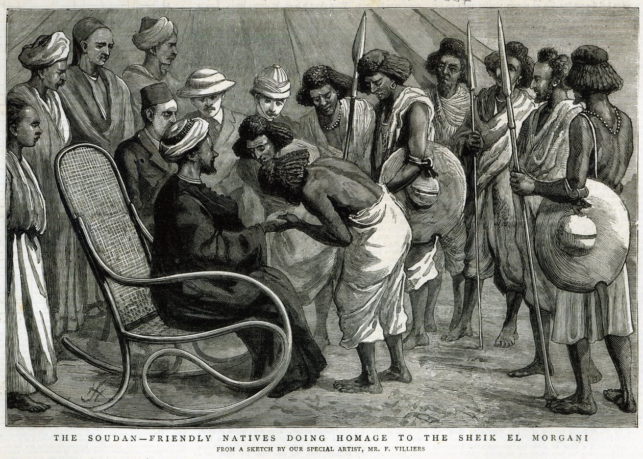 The Soudan: Barátságos bennszülöttek, akik tisztelegnek Sheik el Morgani előtt, a „The Graphic”-ból, 1884. április 19. (metszet) alkotó: Frederic Villiers