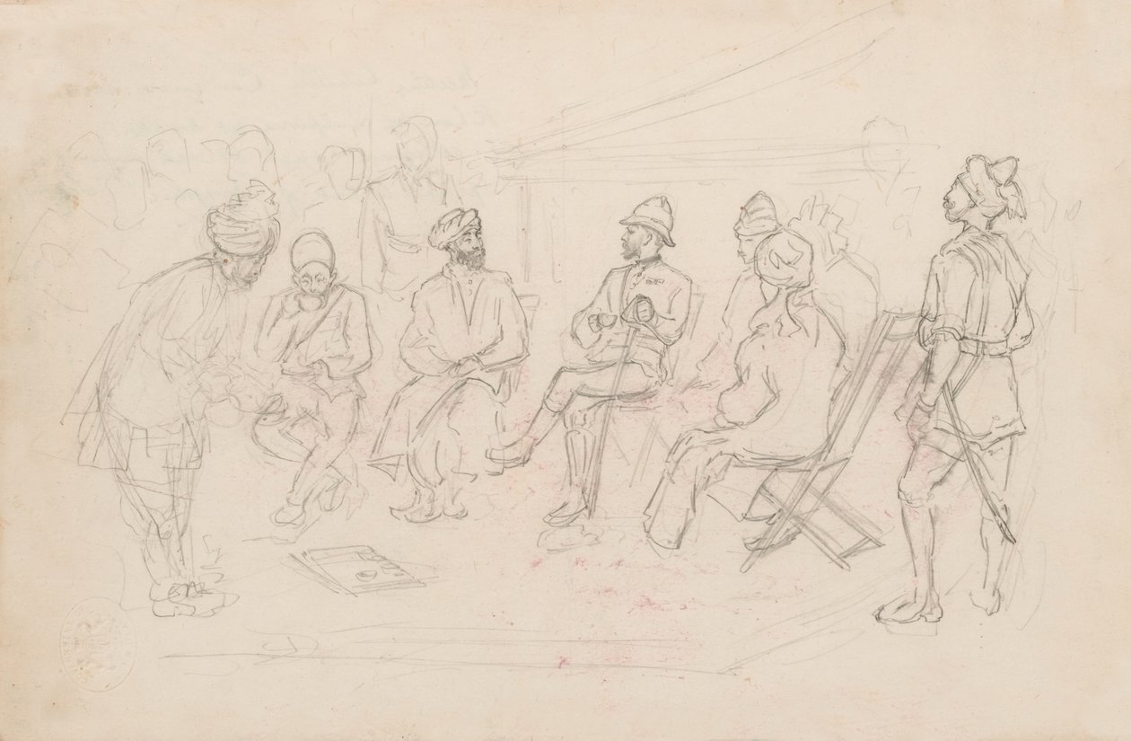 „Cavagnari és Lalpura kán találkozója Dakkában 1879 februárjában” (ceruza) alkotó: Frederic Villiers