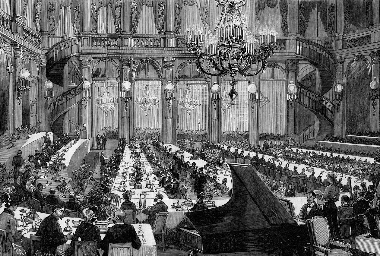 Vacsorakoncert a Grand Hotel de Paris ünnepi termében. De Haenen 1881. március 12-i, 1250. sz. „" The Illustrous World" című metszete. alkotó: Frederic de Haenen