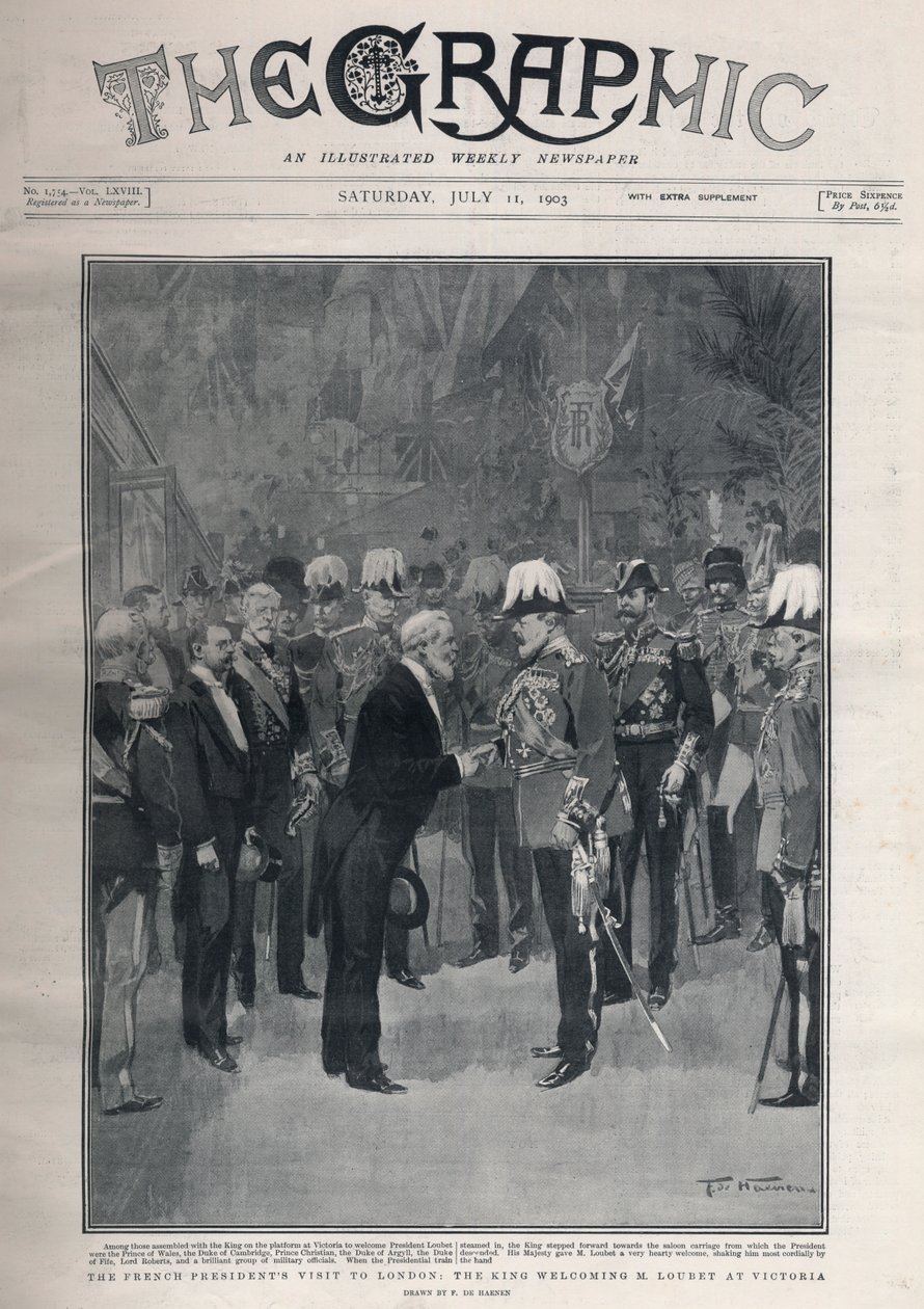 Entente cordiale: Emile Loubets francia elnök látogatása Londonban. VII. Edward király üdvözli M. Loubet-et a Victoria pályaudvaron. alkotó: Frederic de Haenen