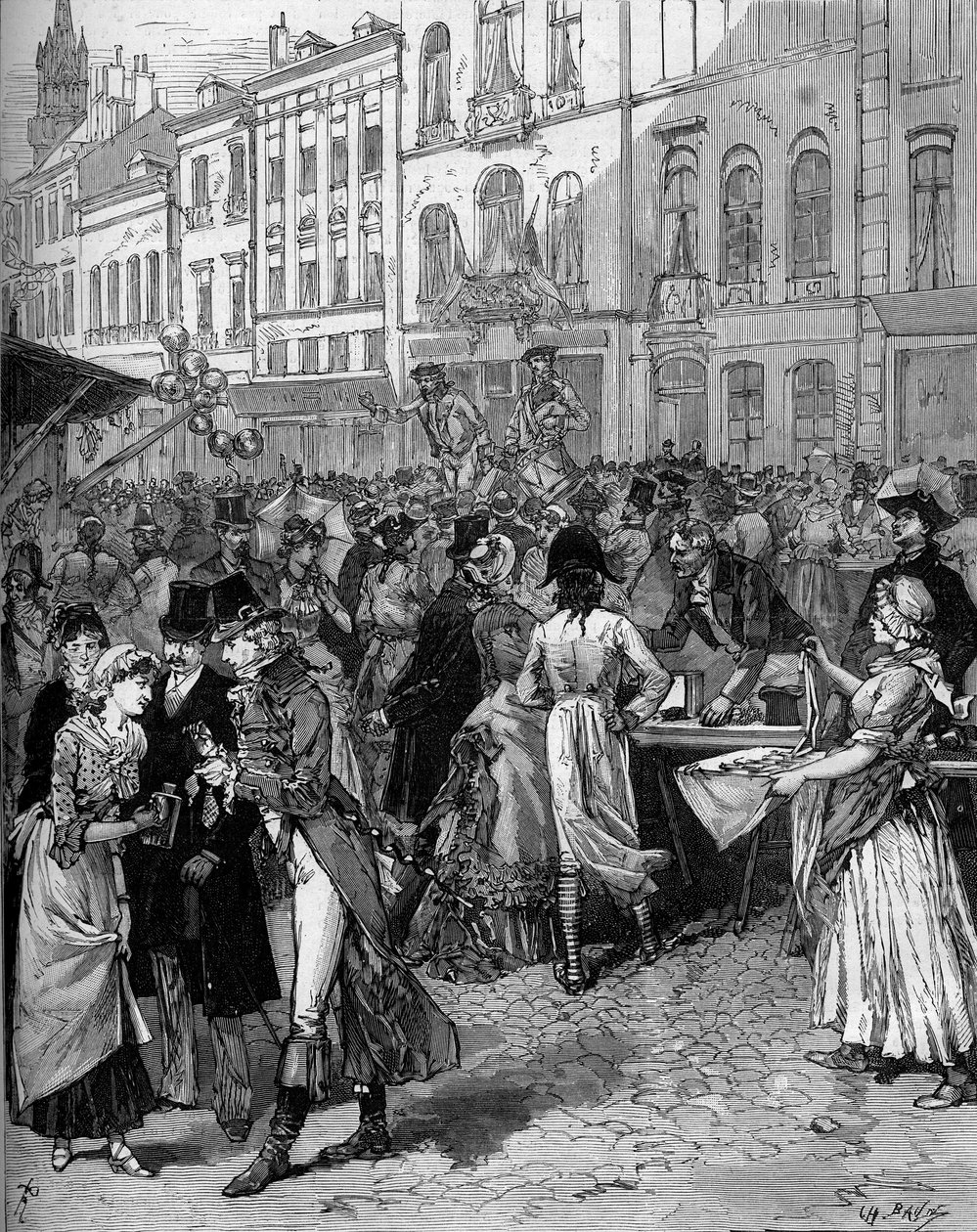 Lille 1792-es ostromának emlékének történelmi ünnepe: a Braderie Watteau (nagy vásár) a város utcáin a 18. század divatos lakóival. De Haenen metszete a „” Le Monde Illustré”” 1334. számában, október 21. alkotó: Frederic de Haenen