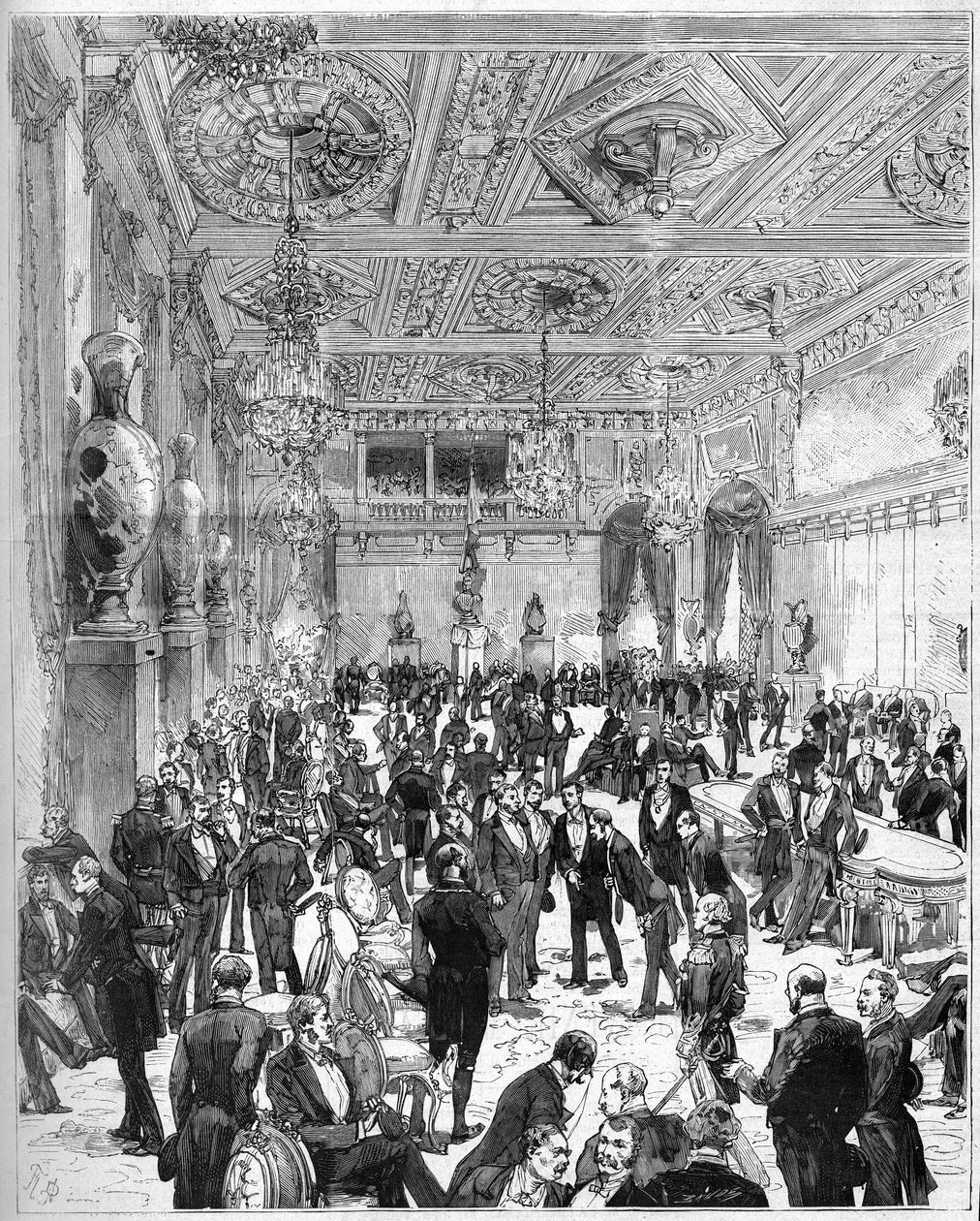 Az 1871-es tűzvész után újjáépített Hotel de Ville de Paris felavatása 1882. július 14-én: kilátás a városi tanács termére Jules Grevy (1807-1891) elnök érkezésekor. De Haenen és Dosso metszete a „” The Illustrous World”” 1321. számában, július 22. alkotó: Frederic de Haenen