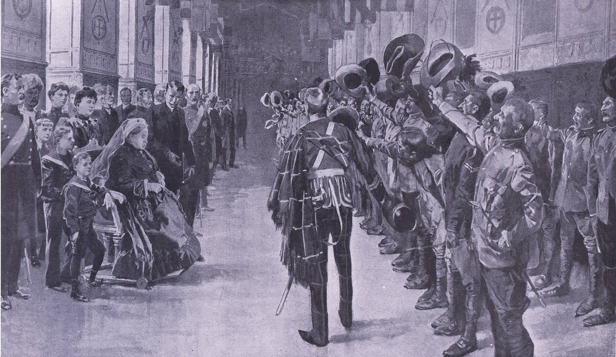 Viktória királynő érvénytelenített gyarmati lakosokat vizsgál meg a windsori St Georges Hallban, illusztráció: Pretoria után: A gerillaháború, 1902 alkotó: Frederic de Haenen