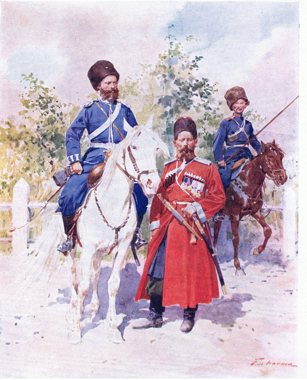 Orosz katonák 1900 körül (színes litó) alkotó: Frederic de Haenen