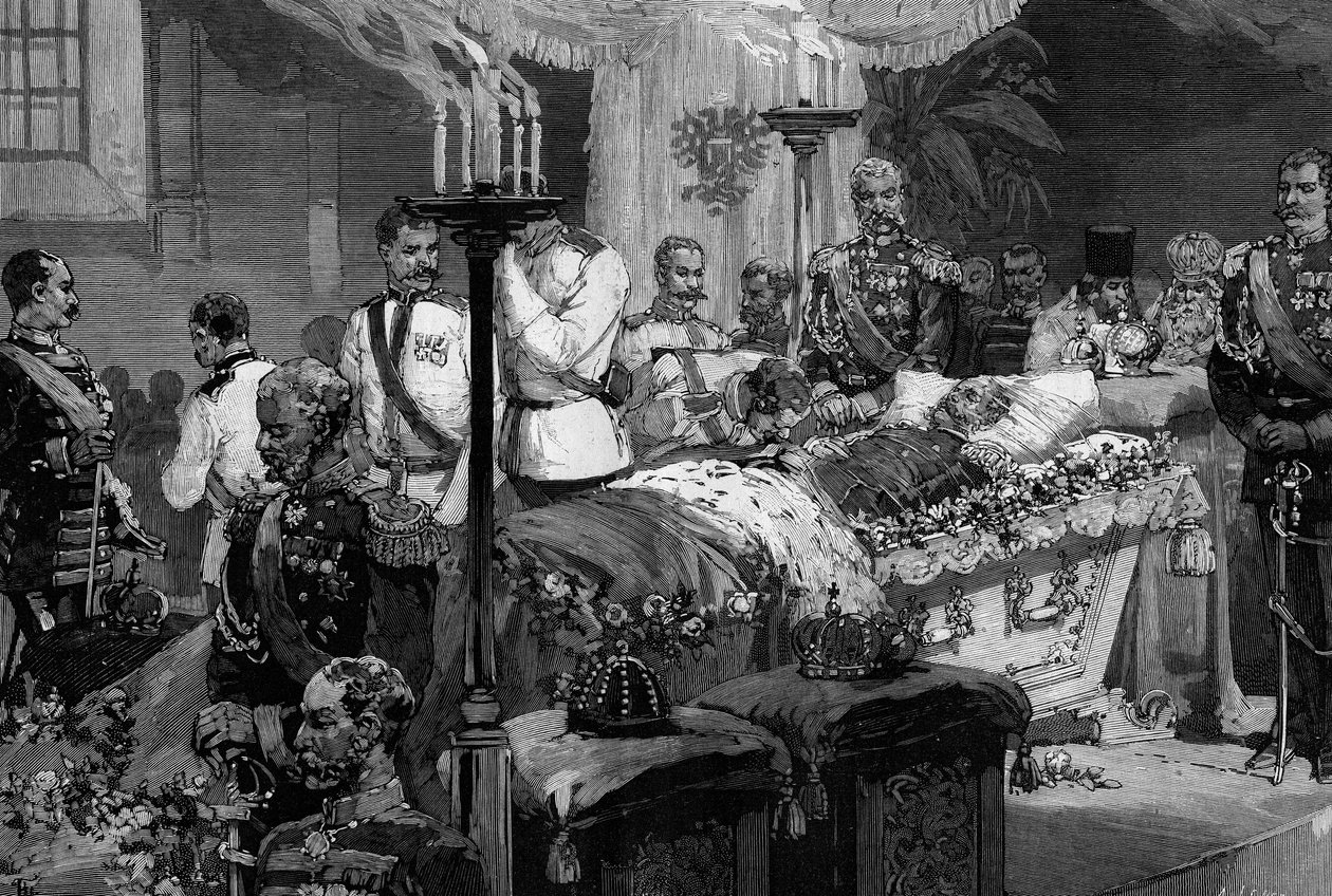 Sándor (1818-1881) csatahajó-ezred katonái a néhai cár kezet csókolni készülnek a Szentpétervári Szent Péter és Pál-székesegyházban (Szentpétervár) alkotó: Frederic de Haenen