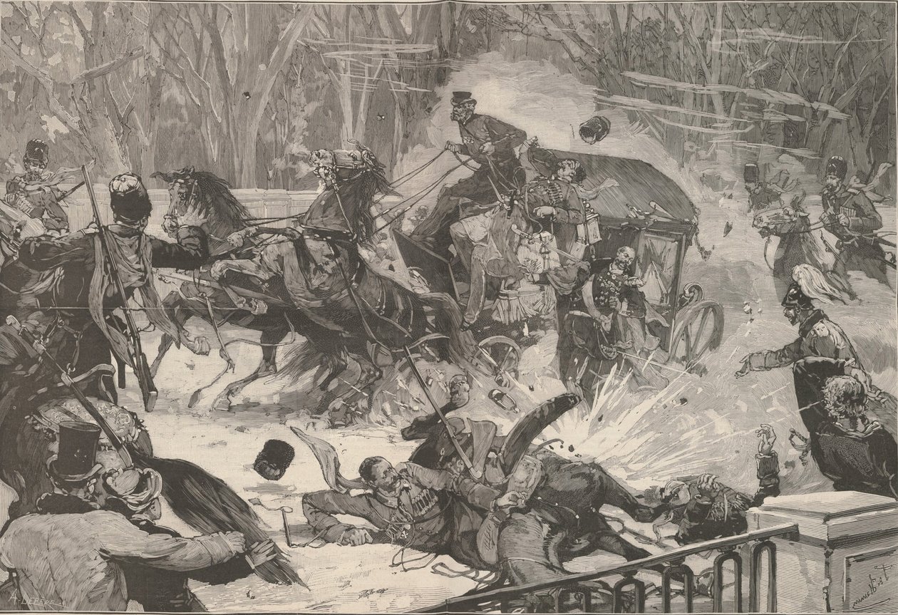 II. Sándor meggyilkolása 1881. március 13-án. A Le Monde Illustré-ből, 1881. alkotó: Frederic de Haenen