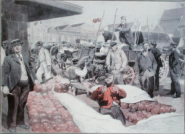 Az alkmaari sajtpiac, 1910 körül (színes litó) alkotó: Frederic de Haenen