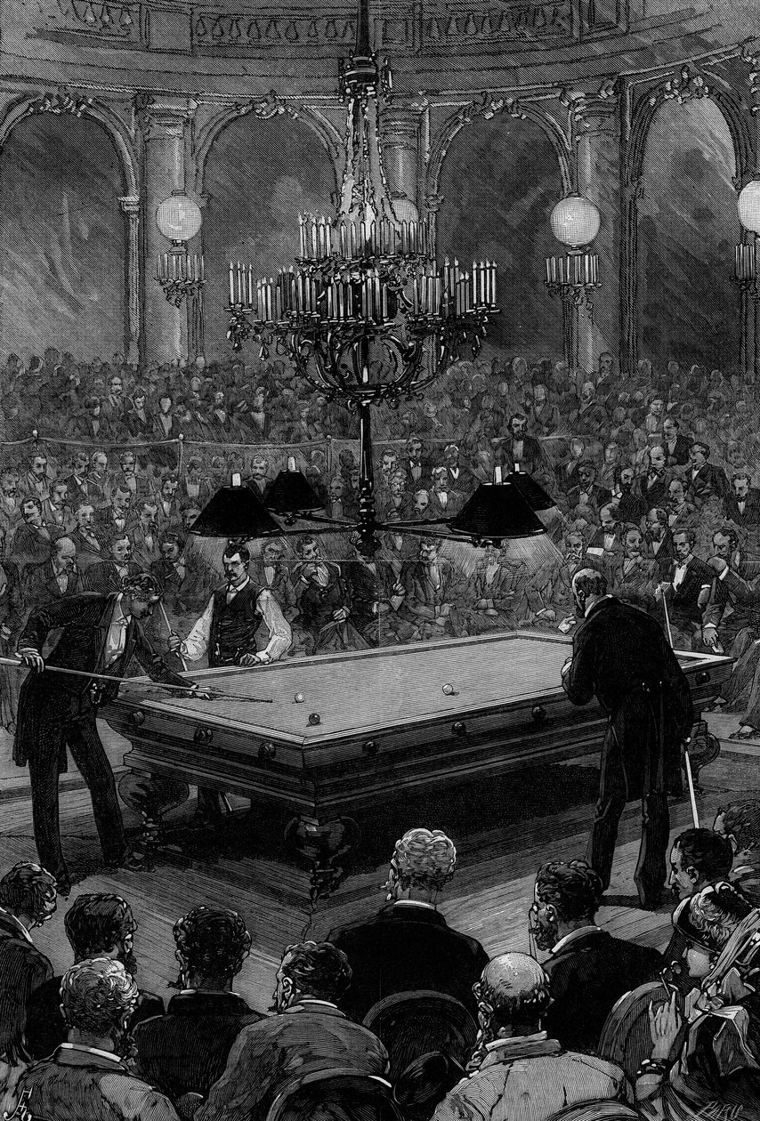 Nagy nemzetközi biliárdmérkőzés Mr. Slosson amerikai bajnok és Mr. Vignaux francia bajnok között a Grand Hotel de Paris Zodiaque termében alkotó: Frederic de Haenen