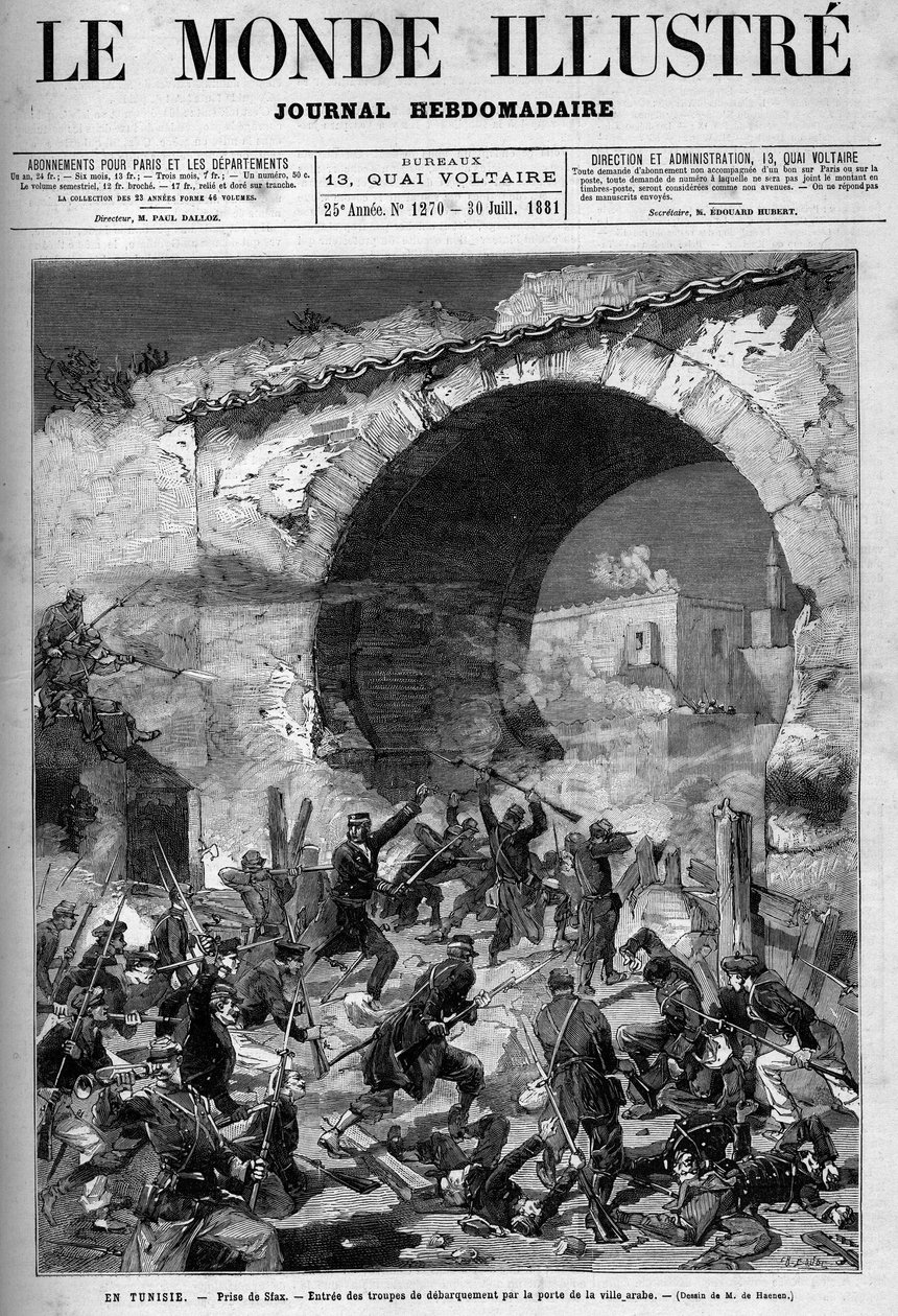 Tunézia, 1881. július: A francia csapatok elfoglalták Stax városát, miután a lakosság fellázadt Tunézia francia protektorátusa ellen. De Haenen metszete. Az egyik „The Illustrous World” 1270. szám, július 30 alkotó: Frederic de Haenen