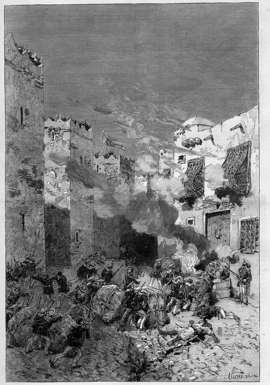 Tunézia, 1881. július: A francia csapatok elfoglalták Stax városát, miután a lakosság fellázadt Tunézia francia protektorátusa ellen. Tengerészgyalogosok füstölnek arab házakat a kasbah (kasbah) lábánál – De Haenen metszet a „” The Illust című könyvében alkotó: Frederic de Haenen