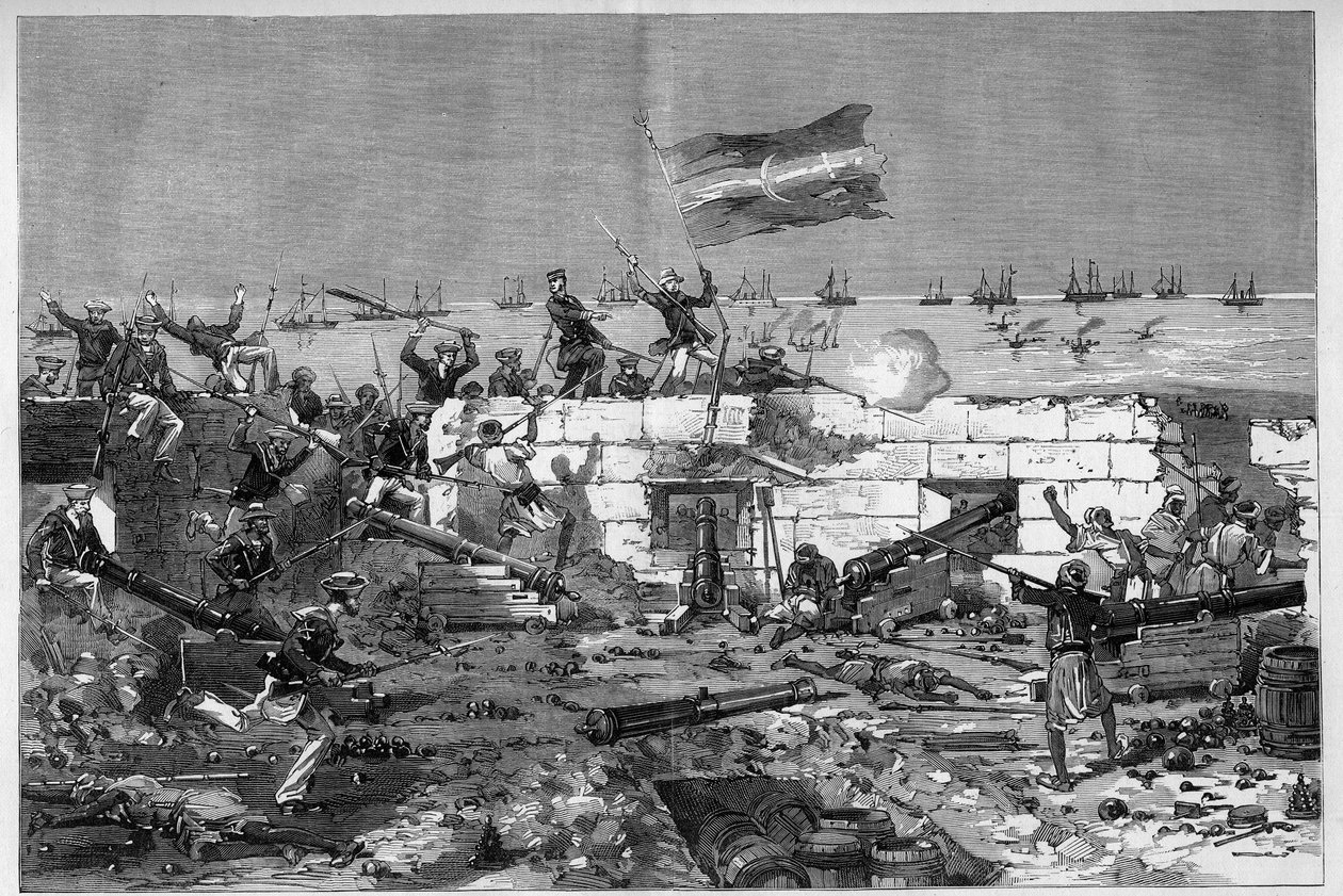 Tunézia, 1881. július: A francia csapatok elfoglalták Stax városát, miután a lakosság fellázadt Tunézia francia protektorátusa ellen. A tengerészpuskák leveszik a kör alakú akkumulátort. De Haenen metszete a „" The Illustrous World" című 1273. sz., auguszt alkotó: Frederic de Haenen