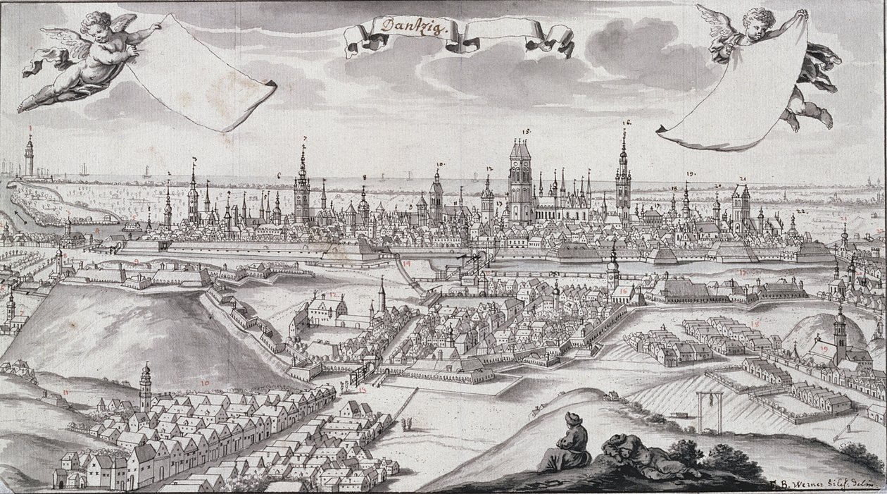 Gdansk panoráma (tinta és fekete mosott tinta papíron) alkotó: Frederich Wener