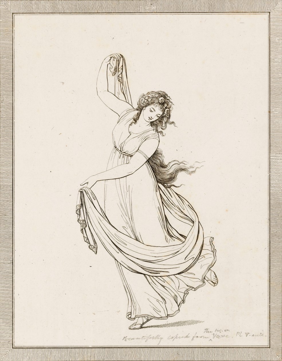 Emma, Lady Hamilton, klasszikus pózban, táncolva, jobb lábán egyensúlyozva. alkotó: Frederich (after) Rehberg