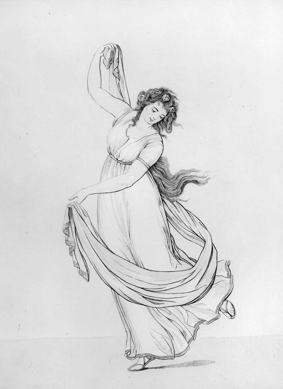 A tánc múzsája, VI. tábla a „Lady Hamilton „Attitudes” című művéből: Rajzok hűen másolva a természetből, S.W.Fores, 1802 (rézkarc kék papírra) (Lásd: 137928) alkotó: Frederich Rehberg