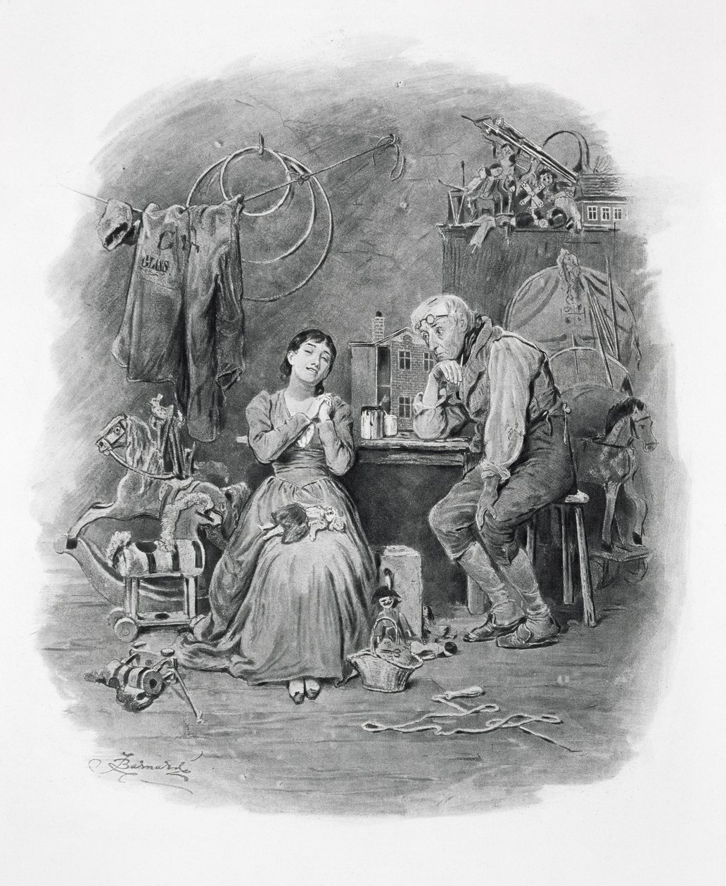 Caleb Plummer és vak lánya, a "Charles Dickens: A Gossip about his Life" Thomas Archer, megjelent 1894 körül. alkotó: Frederick Barnard