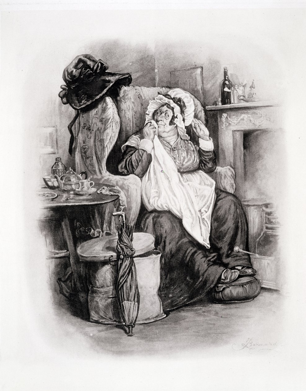 Mrs. Gamp, Thomas Archer „Charles Dickens: Egy pletyka az életéről” című művéből, 1894 körül. alkotó: Frederick Barnard