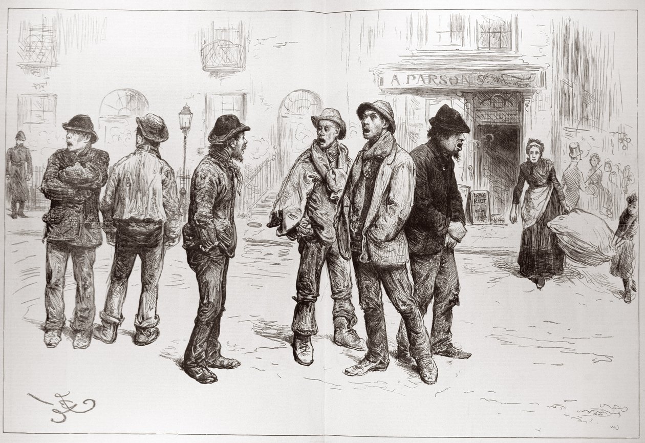 A londoni munkanélküliek: "Nincs munkánk", a "The Illustrated London News" 1886. február 20-i számából. alkotó: Frederick Barnard
