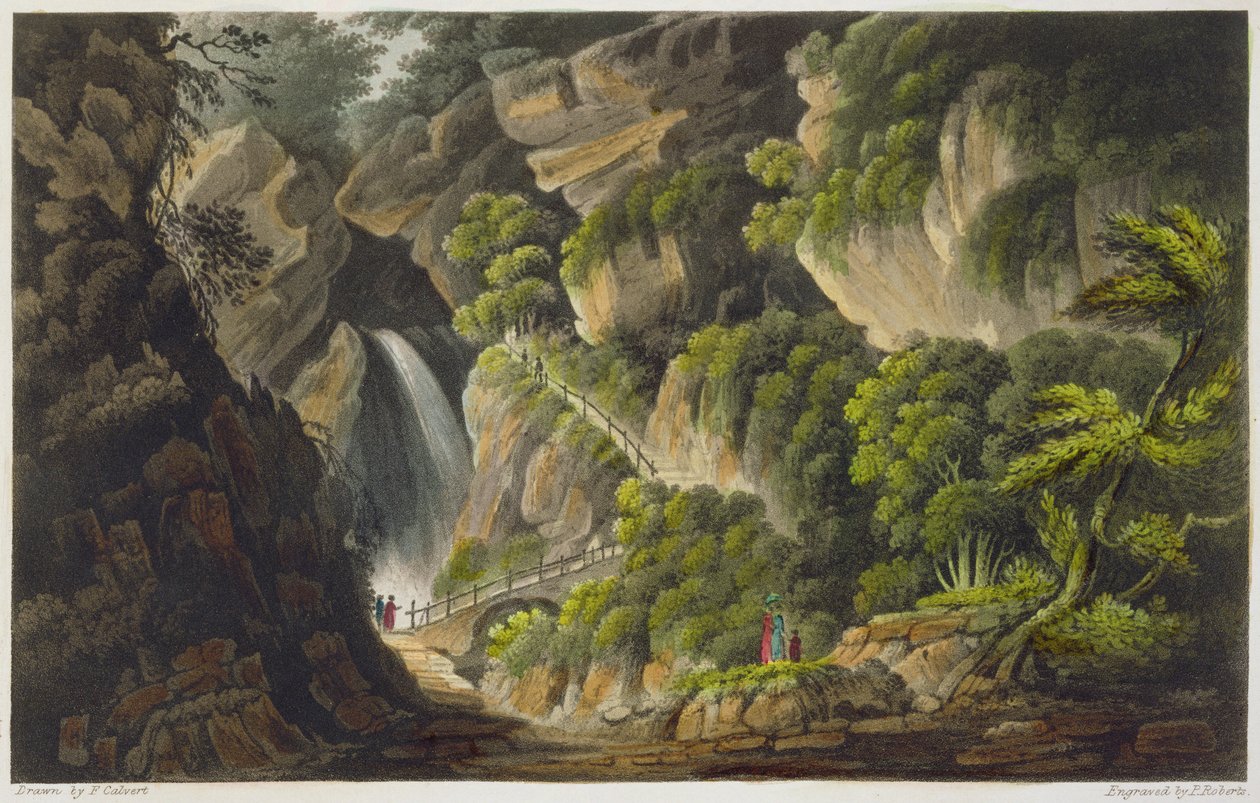 Shanklini vízesés, a „The Isle of Wight Illustrated, a Series of Colored Views”-ból, P. Roberts vésette, 1846-ban megjelent (akvatinta) alkotó: Frederick Calvert