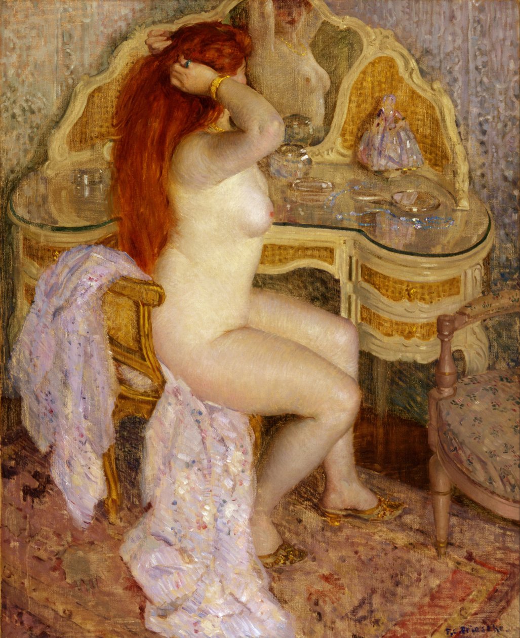 Meztelenül az öltözőasztalánál ül alkotó: Frederick Carl Frieseke
