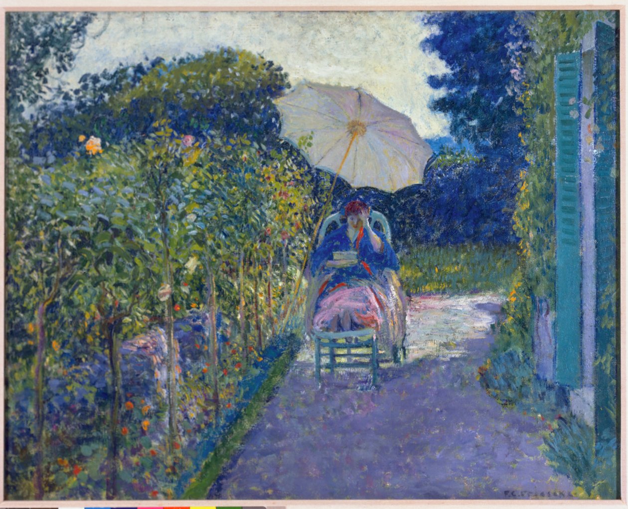 Nő ül a kertben, 1914 alkotó: Frederick Carl Frieseke