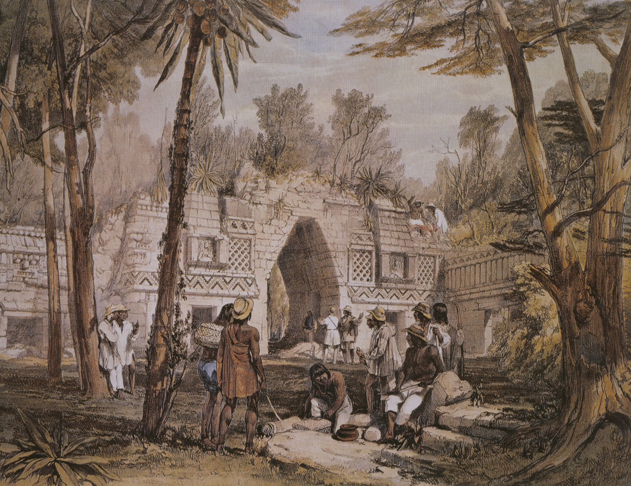 Labna íve, Yucatan, Mexikó, illusztráció a „Közép-Amerika, Chiapas és Yucatán ókori műemlékek nézetei” című könyvből, 1844 London. alkotó: Frederick Catherwood