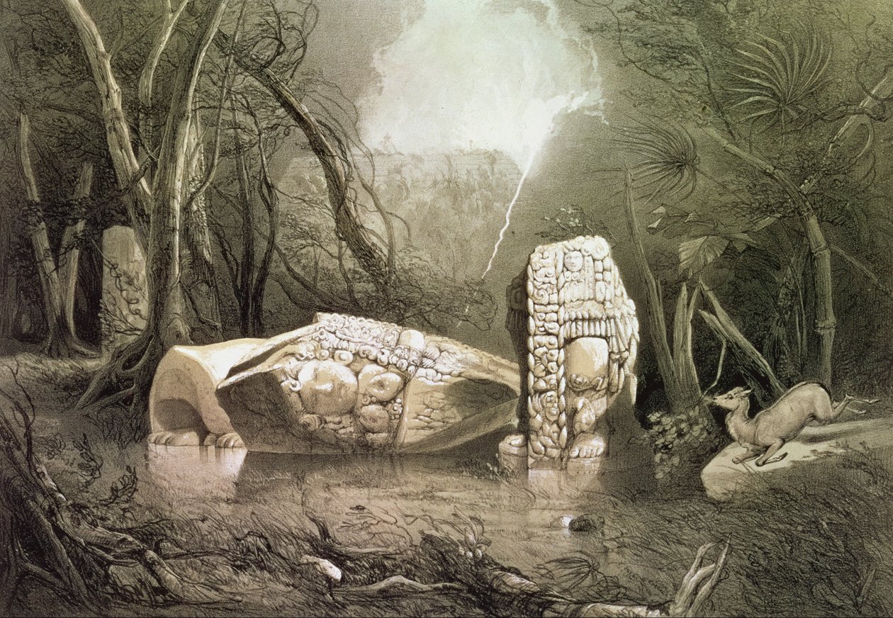 Megtört maja bálvány Copanban, Guatemalában alkotó: Frederick Catherwood