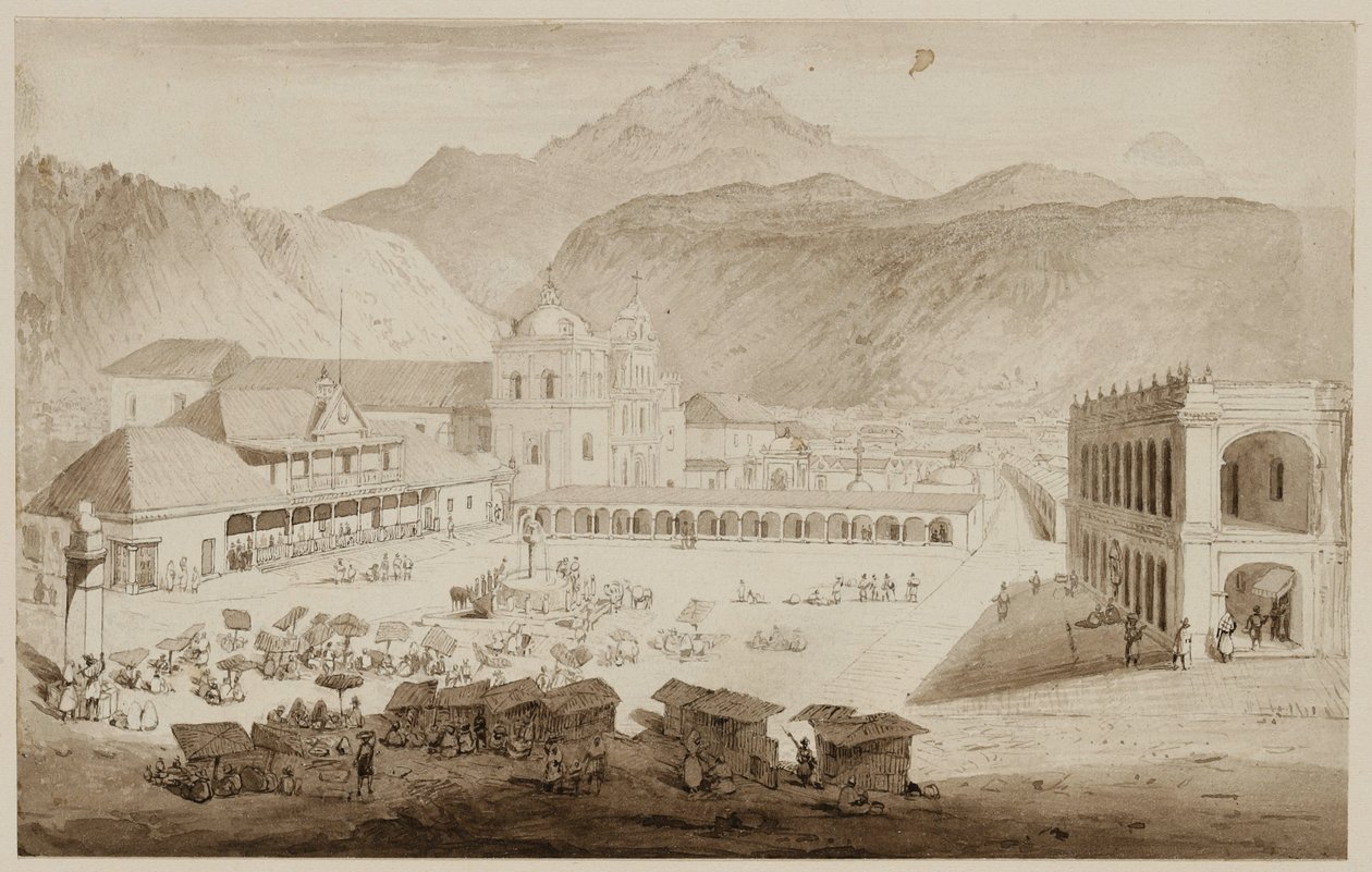 Quezaltenango városa, Közép-Amerika, 1840 (toll és tinta mosással krémpapíron) alkotó: Frederick Catherwood