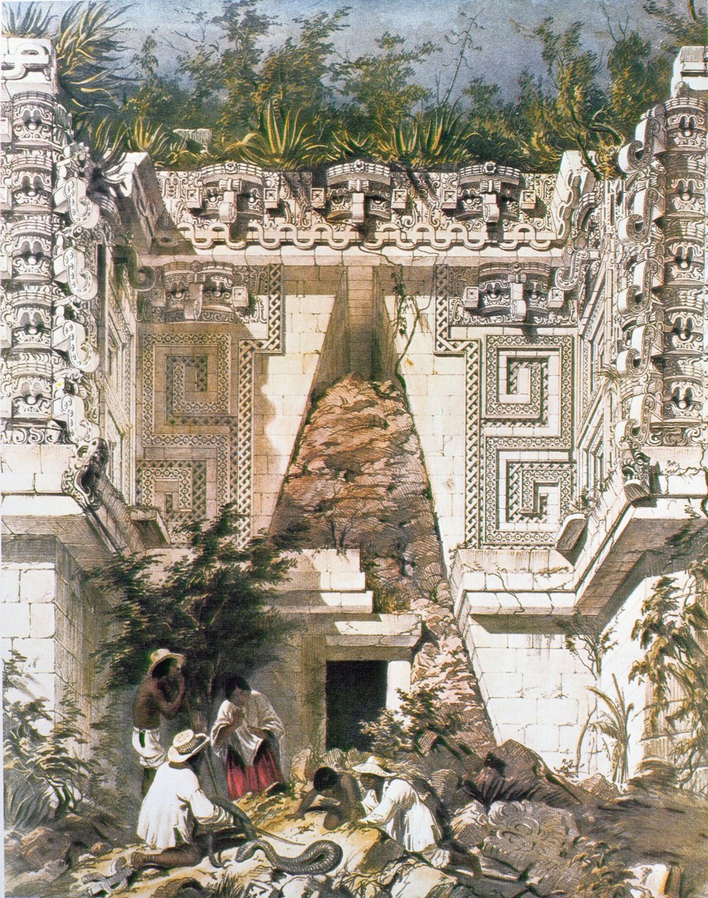 Kormányzói palota, Uxmal, Yucatán, Mexikó, 1844 (színes litográfia) alkotó: Frederick Catherwood