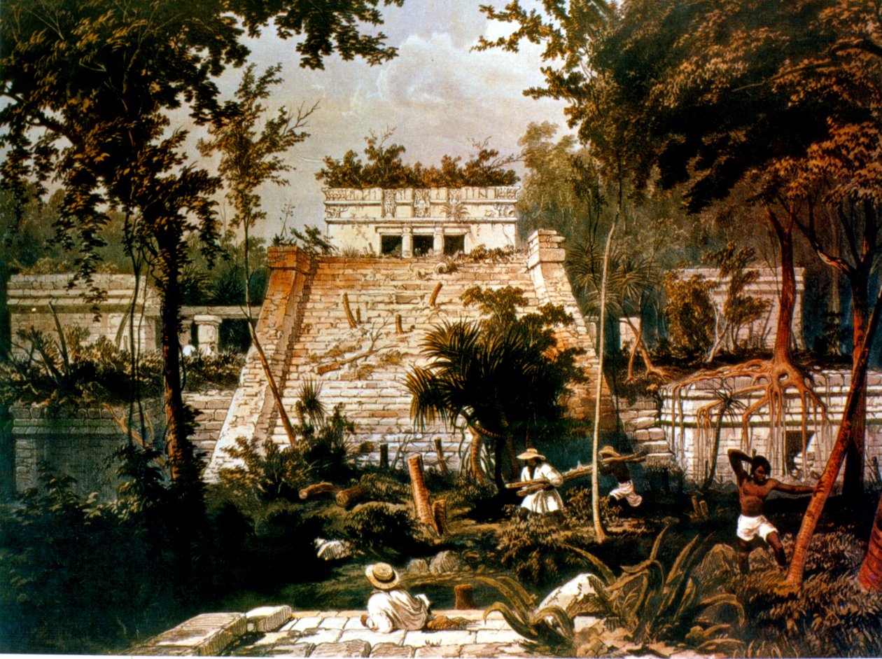 Templom és piramis, Tulum, Yucatan, Mexikó, 1844 (színes litho) alkotó: Frederick Catherwood