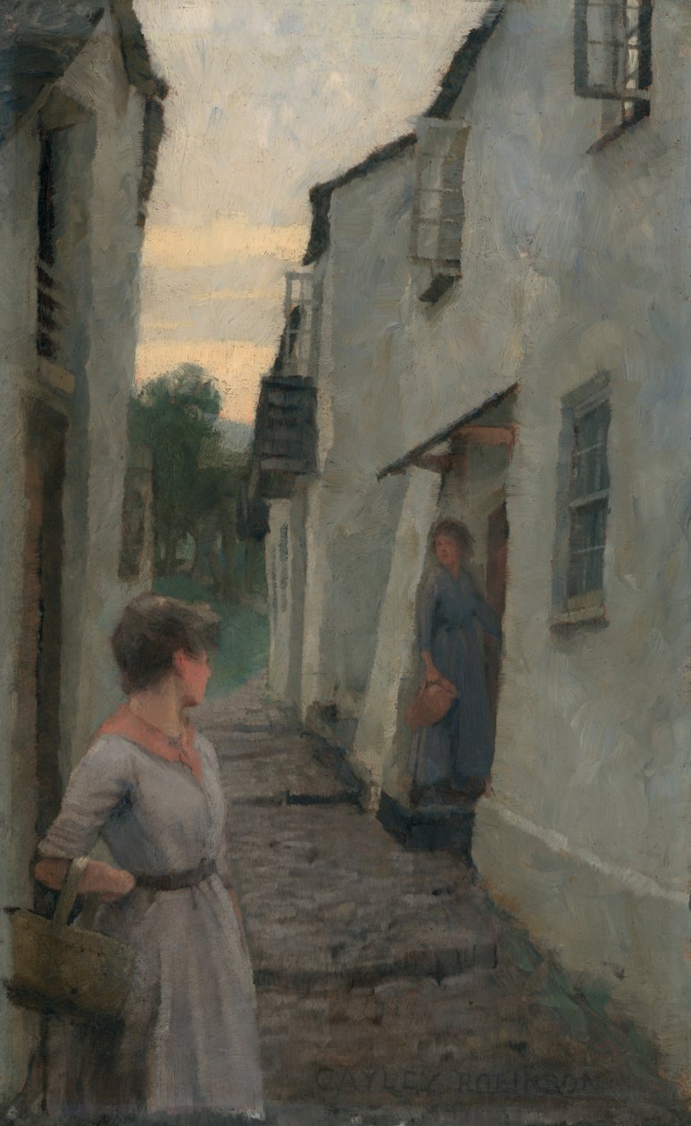 Utcai jelenet figurával, Cornwall (olaj a fedélzeten) alkotó: Frederick Cayley Robinson