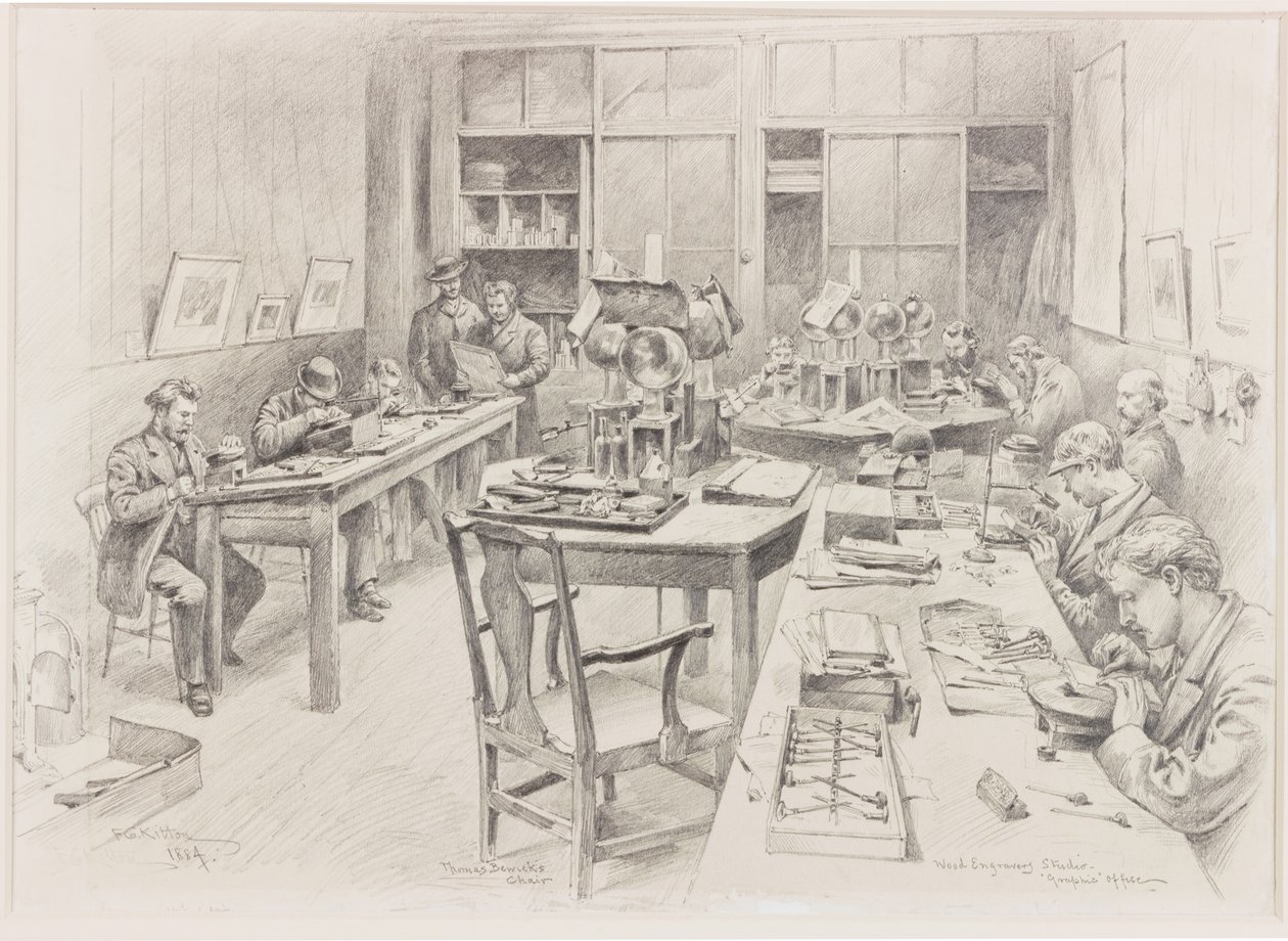 A Fagravírozó Stúdió, „Grafikai” Iroda, Thomas Bewick székével alkotó: Frederick George Kitton